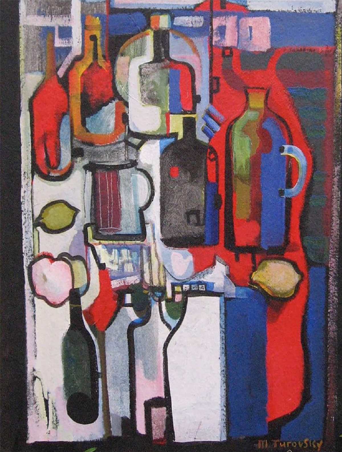 Turovsky, still life with bottles (red blue and white), mixed media on paper, 102,5x77,5 .JPG artist Mikhail Turovsky