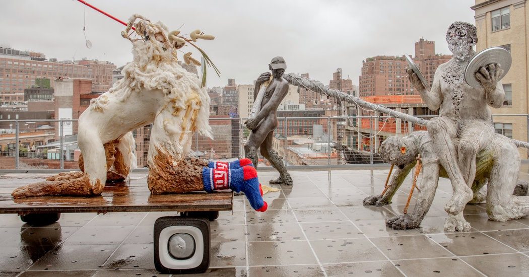 A rare spectacle in the Whitney Museum’s Biennial. Installed on the sixth-floor terrace, its lurching figures