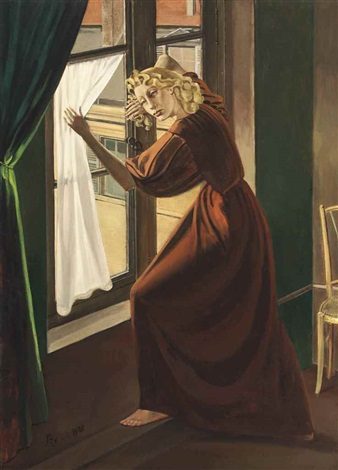 Lady Abdy - Balthus 1935. Lady Abdy dressed in a red gown looks longingly out of her window. 