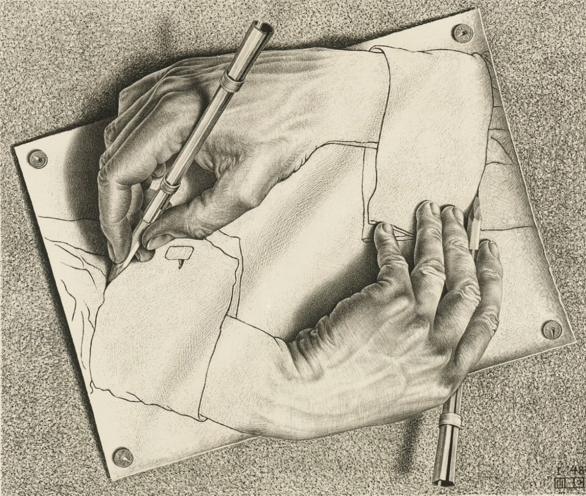 The paradoxical worlds of Maurits Escher in evident this remarkable work called Drawing Hands