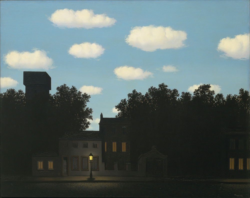 Magritte outlines an artistic feature that using lights and shadows allows to display on the same canvas day and night settings.