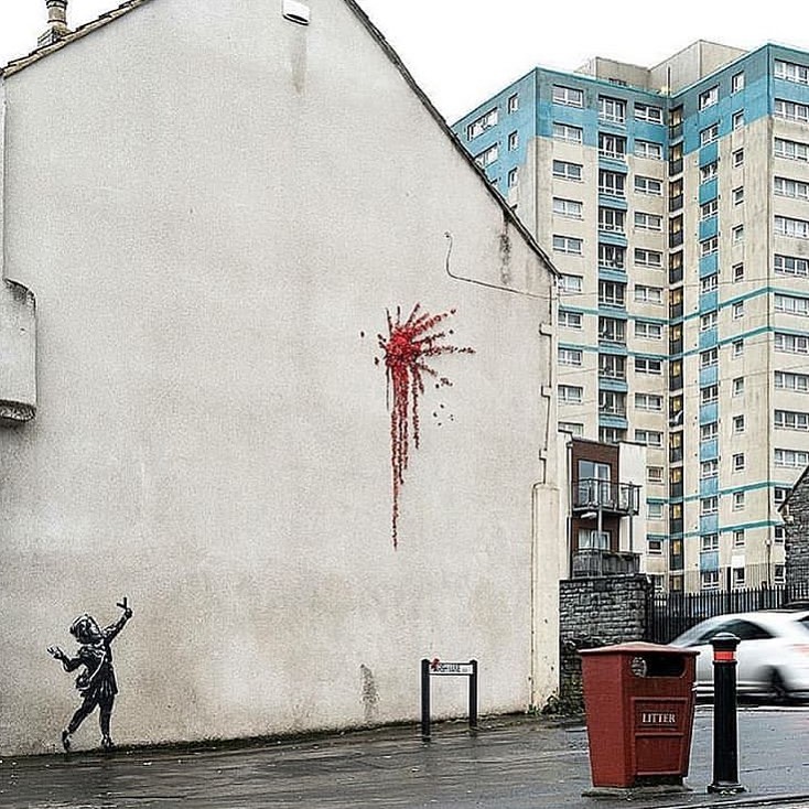 Valentine's Day according to Banksy. The artist makes a new appearance in Bristol with a new mural.