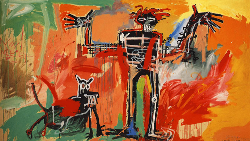 The canvas is "Boy and Dog in a Johnnypump", made in the magical year of the black Picasso, 1982. According to Baer Faxt, the seller is Peter Brant
