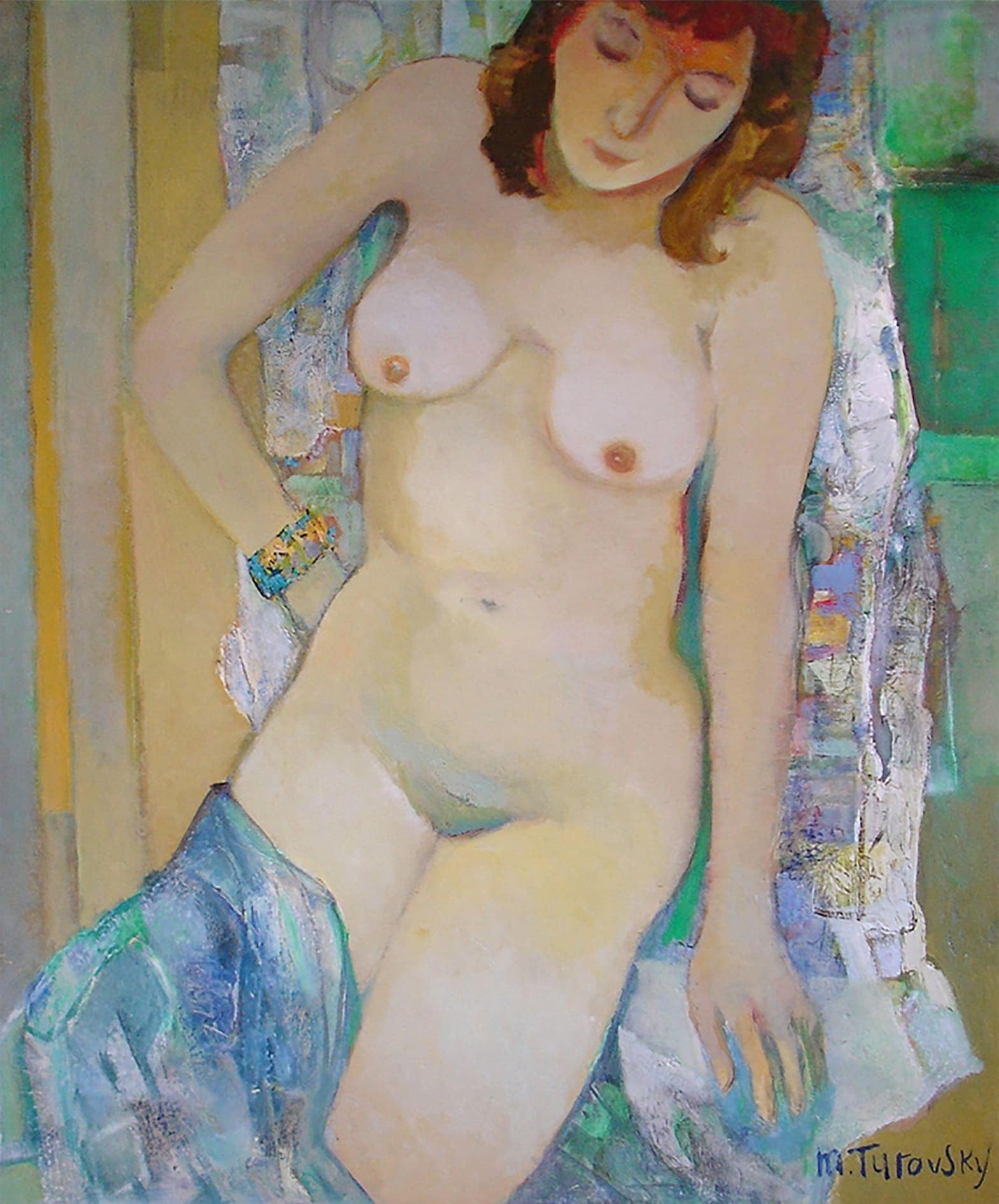 Red haired kneeling model